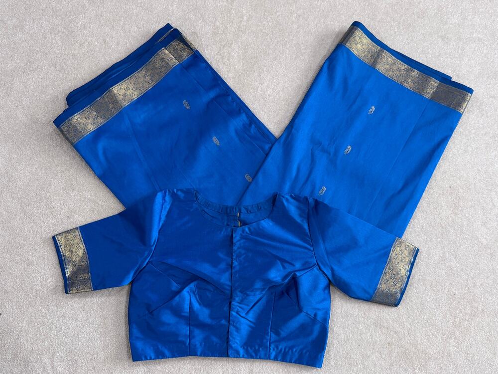 Royal Cobalt Blue Silk Zari Booti Saree Set ~M/L